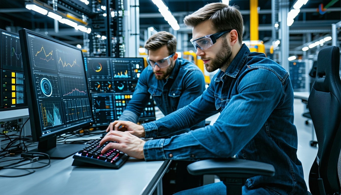 Team of engineers performing software maintenance on computer systems
