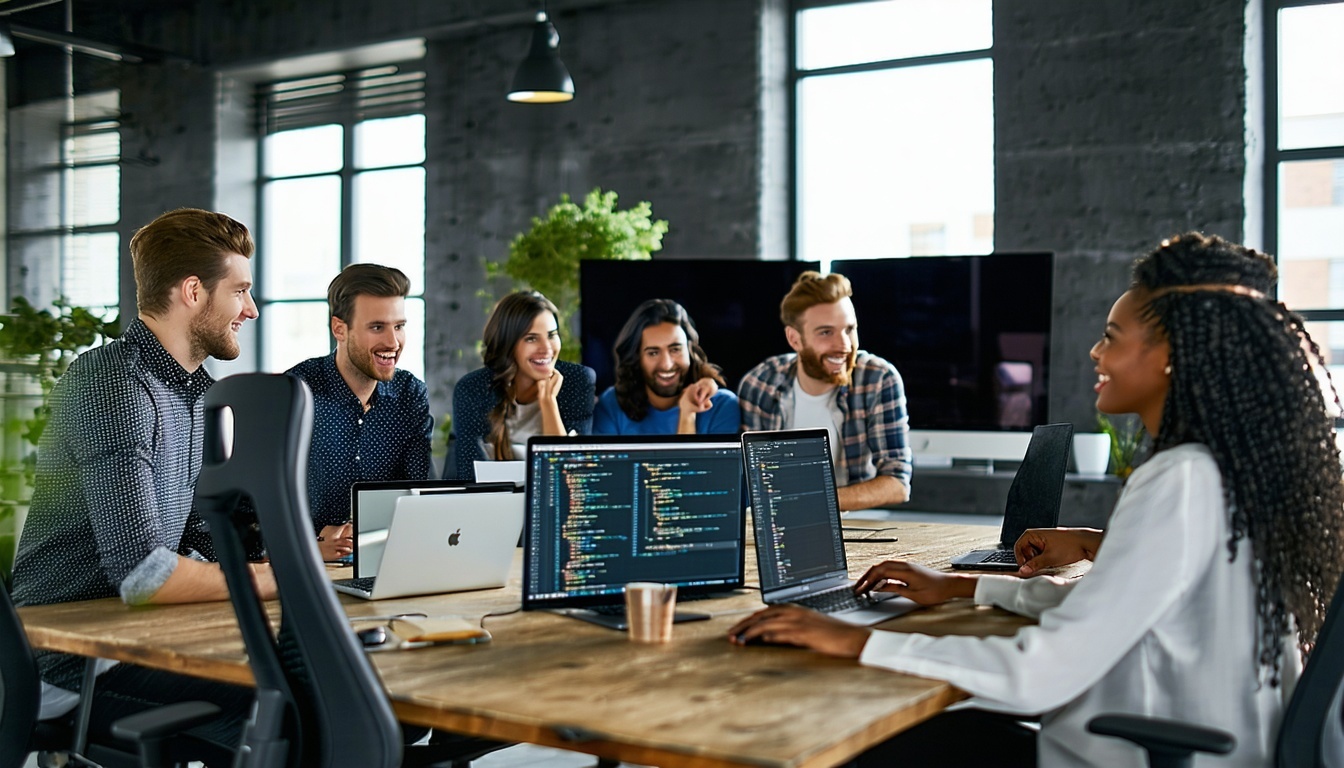 Development team collaborating on outsourced software project